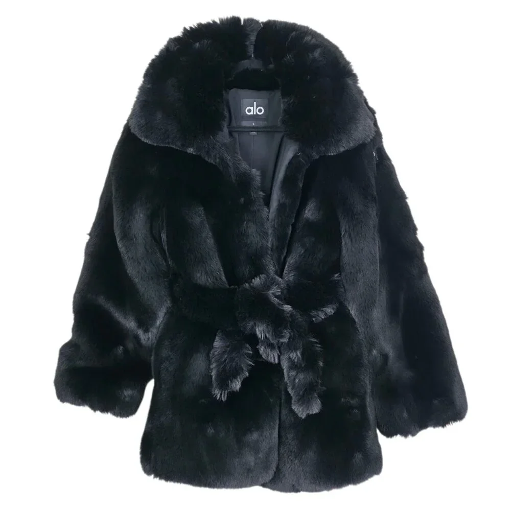 Alo‎ Yoga Starstruck Faux Fur Coat Black Belted Size S